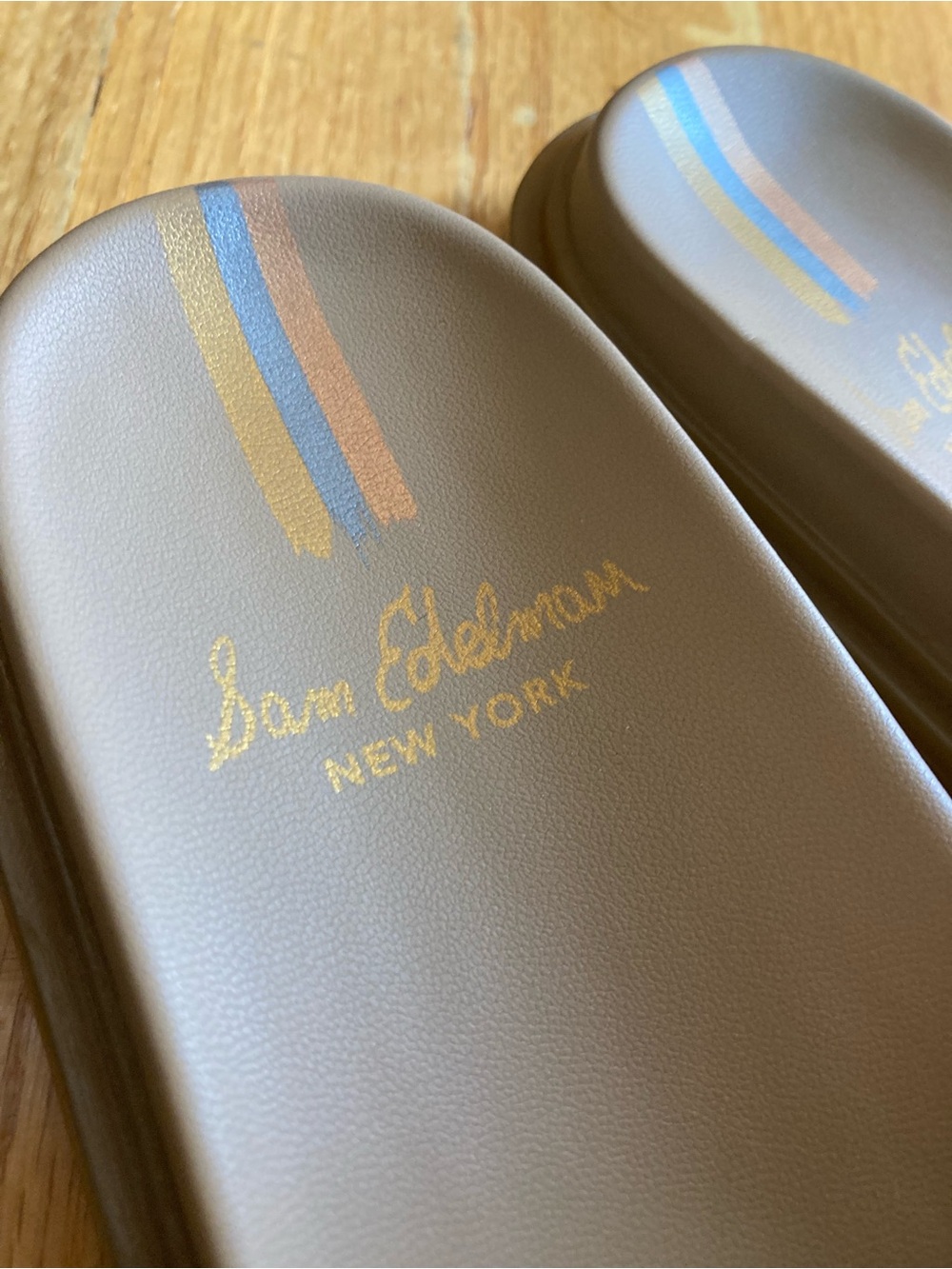 Sam Edelman Brown Slide Sandals with Metallic Logo and Stripes - Picture 2 of 3